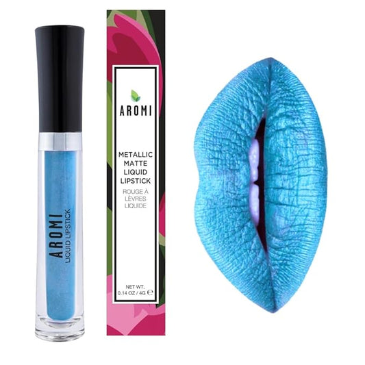Aromi Bright Blue Metallic Liquid Lipstick | Ocean Lip Color with Shimmery Finish, Vegan, Cruelty-free, Long-lasting, Handmade (Snow Queen)