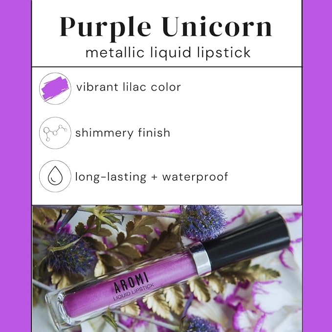 Aromi Purple Lilac Metallic Liquid Lipstick | Bright Lavender Lip Color with Shimmery Finish, Vegan and Cruelty-free, Long-Lasting, Smudge Proof (Purple Unicorn)