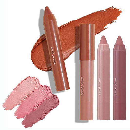 3 Colors Matt Nude Lipstick Lipliner Lip Crayons Pack Set,Velvet Moisture Smooth Matte Lipstick Pencils,Waterproof&Waterlasting,#01#03#07