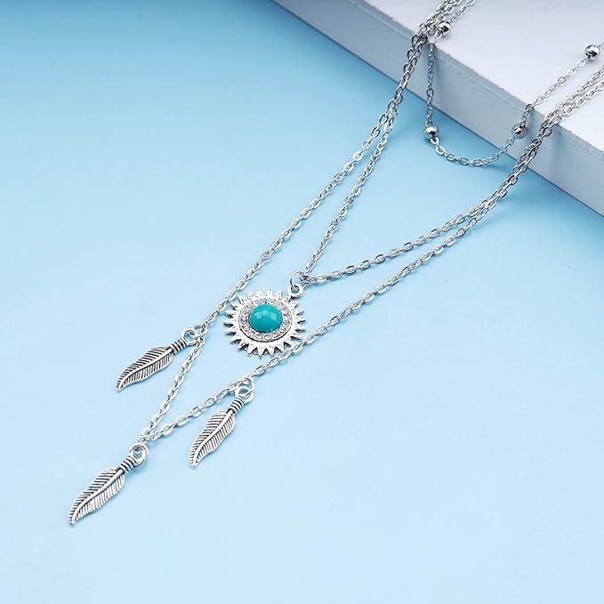 Boho Layered Feather Choker Necklace Turquoise Pendant Necklace