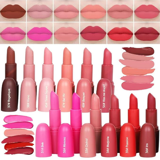 Miss Rose Matte Lipstick for Women, 12 Stunning Long Lasting Lipstick Shades, Waterproof, Highly-Pigmented, Hydrating, Smudge-Proof, Set for Makeup Lovers, Lipstick Set for All Occasions