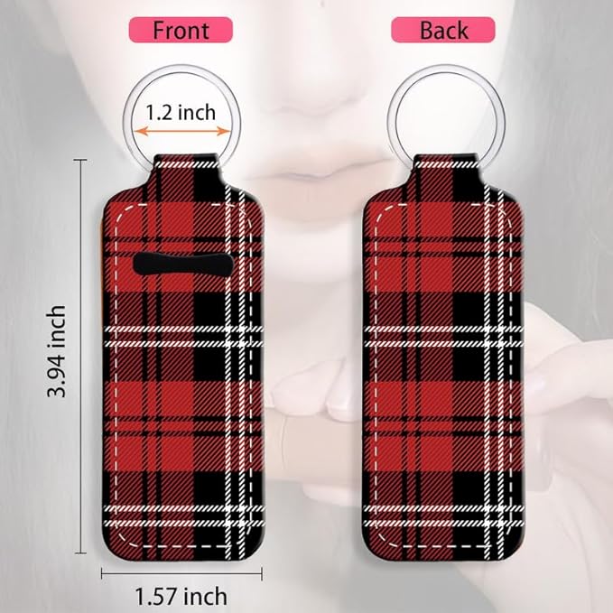 Chapstick Holder Keychain Holder Neoprene Lip Balm Lipstick Lip Gloss Holder Travel Accessory for Girls Women Gift(Black Red Plaid)