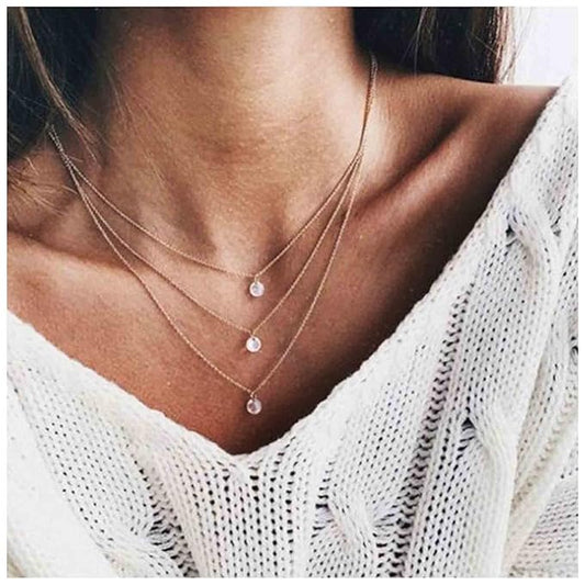 Boho Layered Crystal Necklace Choker Gold Bezel Pendant
