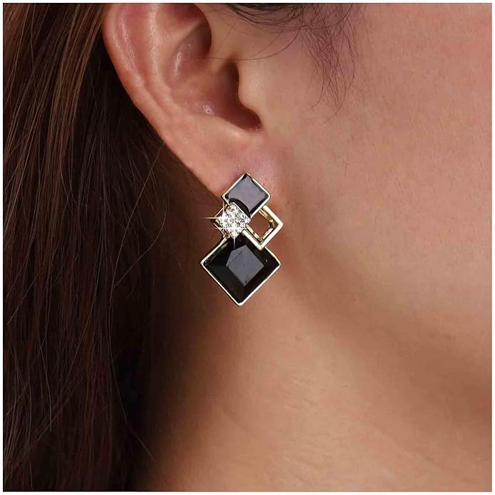 Vintage Crystal Square Drop Earrings Black Square Stud