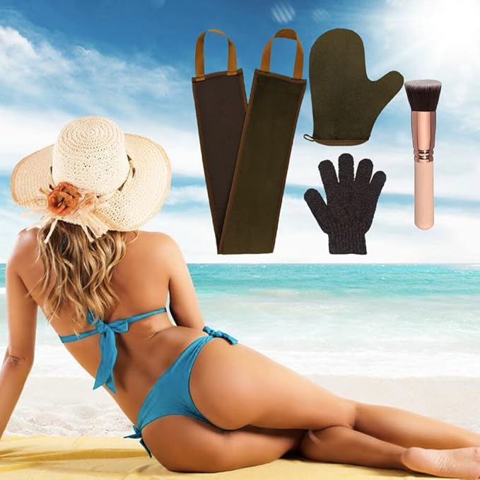 4 Pack Self Tanning Mitt Applicator Kit, with Self Tanner Mitt, Self Tan Back Applicator, Exfoliating Glove, Flat Top Face Tanner Brush, Tan mit for Self Sunless Tanner (brown)