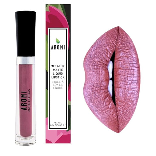 Aromi Metallic Liquid Lipstick | Chestnut Rose Lip Color with Shimmery Finish, Long-lasting + Long Wear, Smudge Proof, Waterproof, Vegan, Cruelty-free (Burgundy Quartz)