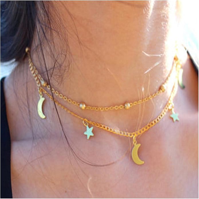 Boho Star Moon Necklace Choker Gold Layered Star