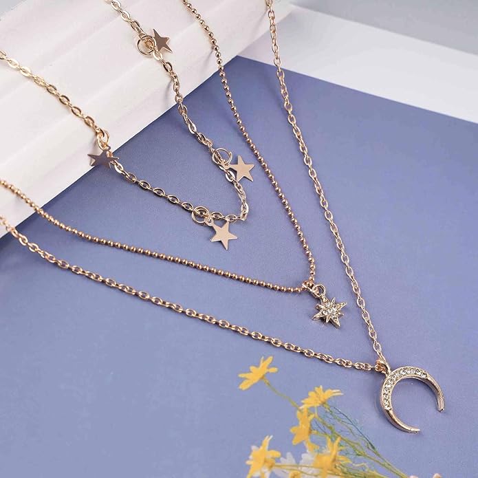 Boho layered moon star choker necklace