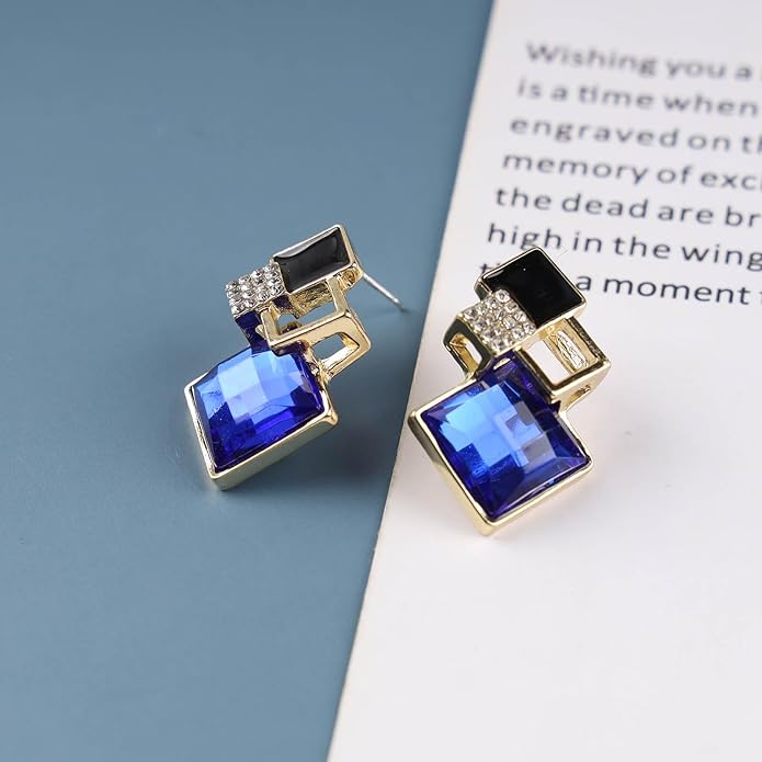 Vintage Crystal Square Drop Earrings Black Square Stud