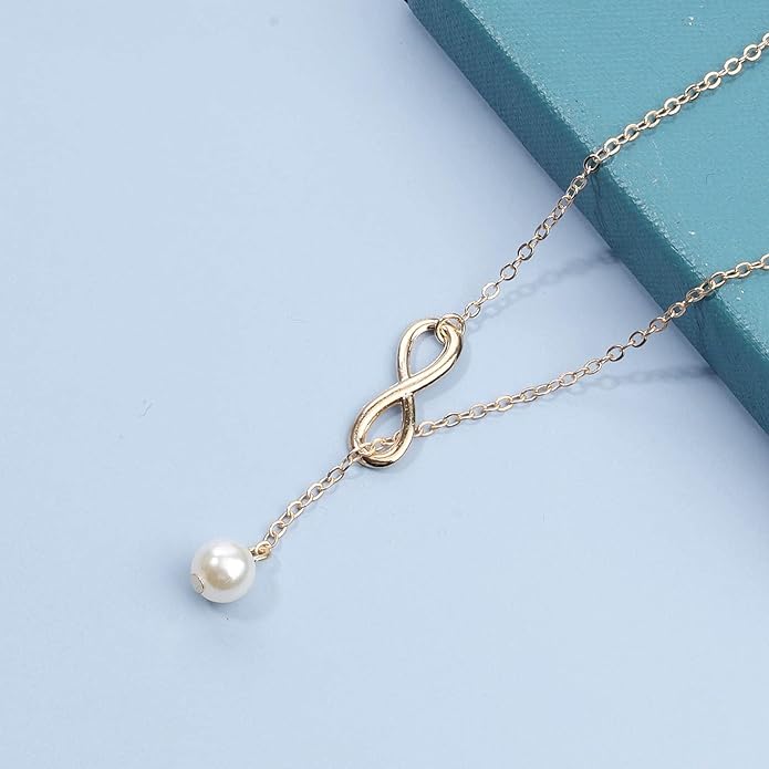 Boho Pearl Infinity Necklace Silver Y