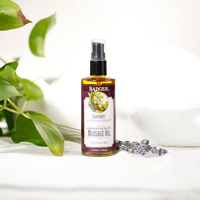 Badger Lavender Massage Oil, 100% Organic Massage Oil, Relaxing & Moisturizing Pure Aromatherapy Oils of Lavender, Bergamot & Balsam Fir, 4 fl oz Glass Bottle