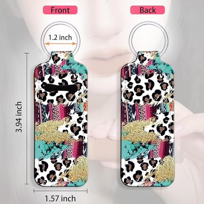Chapstick Holder Keychain Holder Neoprene Lip Balm Lipstick Lip Gloss Holder Travel Accessory for Girls Women Gift(Turquoise Leopard)