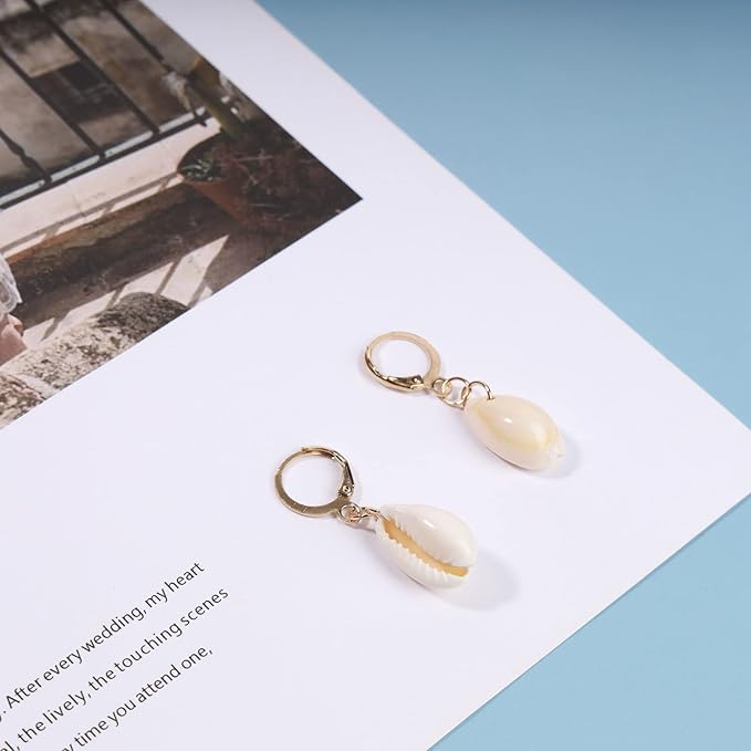 Natural Cowrie Shell Earrings Gold Boho Dangle Shell