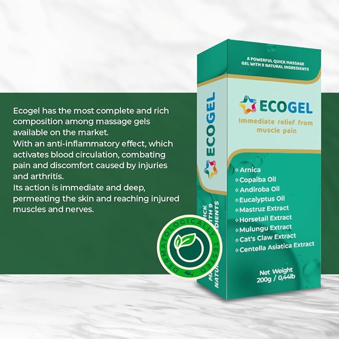 Body Massage Gel; Fast Pain Relief; Sports Injury Gel; Ecogel – Fast-Acting, Natural Formula with 9 Ingredients, Anti-inflammatory for Sore Muscles, Arthritis, Sports Injuries – 200ml.