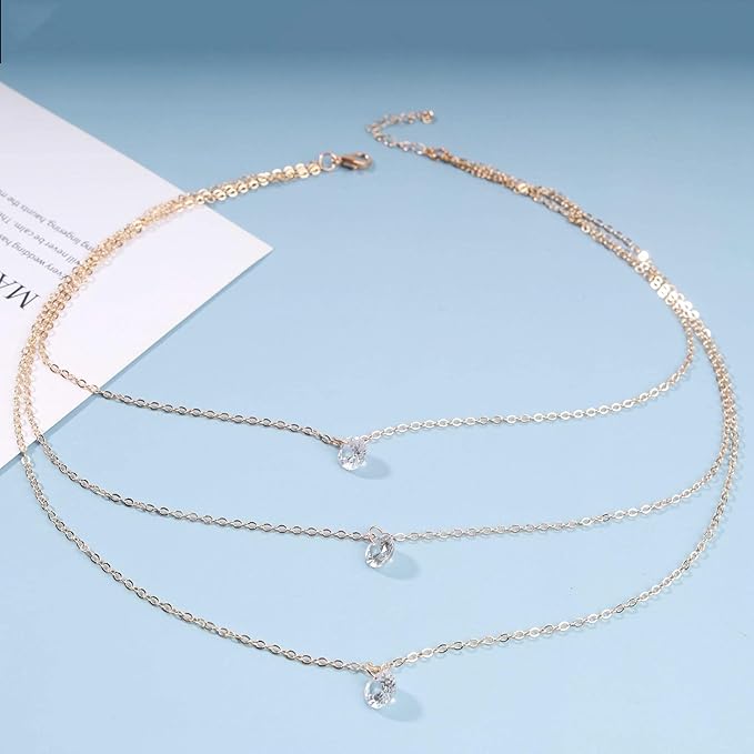 Boho Layered Crystal Necklace Choker Gold Bezel Pendant
