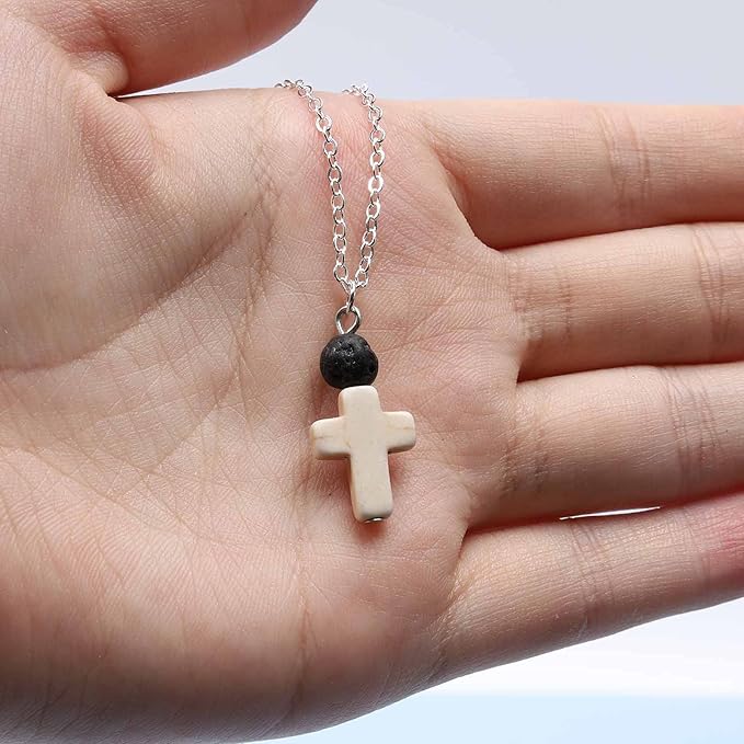 Boho Cross Pendant Necklace Black Lava Bead Choker