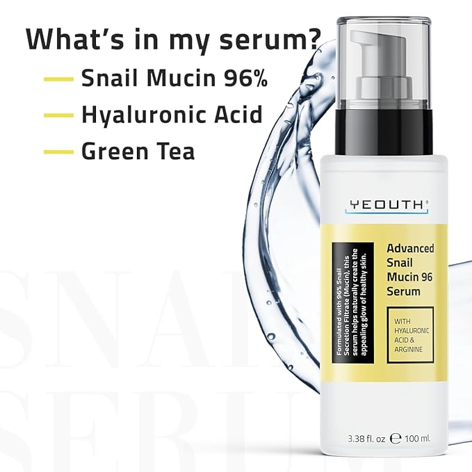 YEOUTH Snail Mucin Serum for Face, Hydrating Advanced Snail 96 Mucin Power Essence, Face Serum with Hyaluronic Acid, Lightweight, Fast-Absorbing & Non-Sticky 3.4 oz