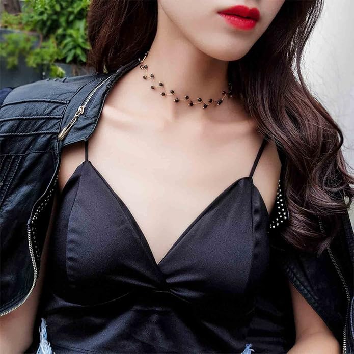 Black Crystal Choker Necklace Short Black Beaded Choker