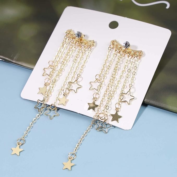 Boho Star Chain Tassel Earrings Gold Star Dangle