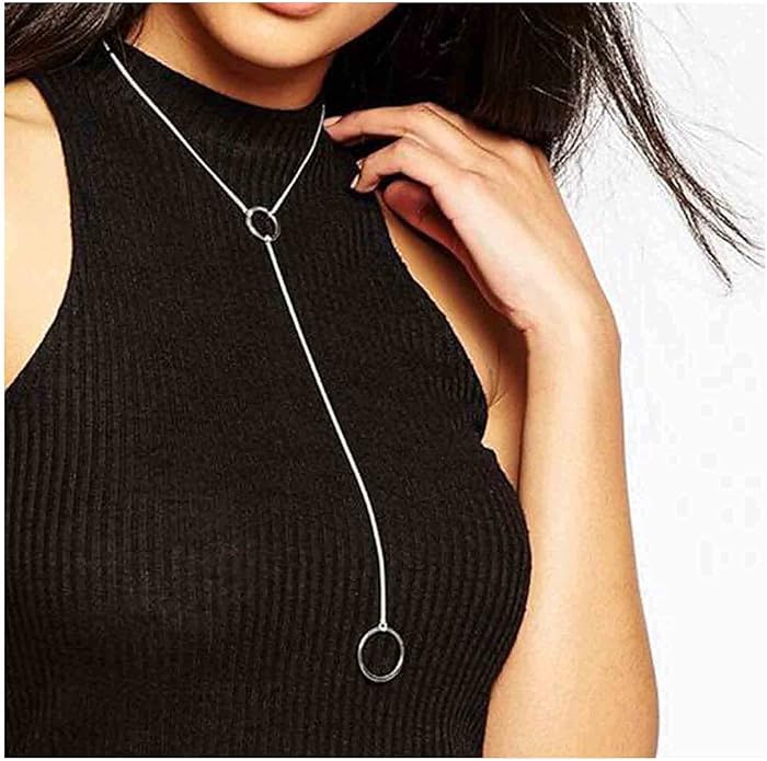 Boho Long Circle Pendant Necklace Silver