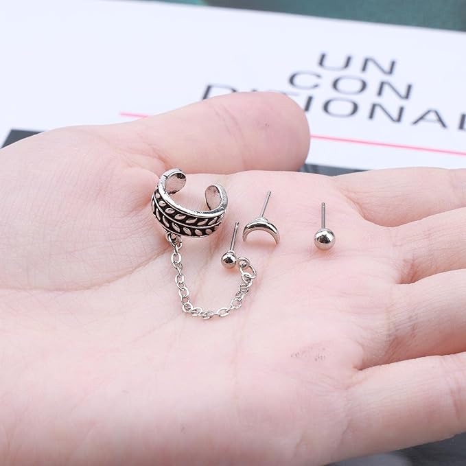 Bohemia Moon Cuff Chain Earrings Silver