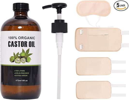 Organic Cold Pressed Unrefined Castor Oil (16oz/473ml), Castor Oil Pack Kit with Organic Cotton Wrap for Waist, Knees, Neck
