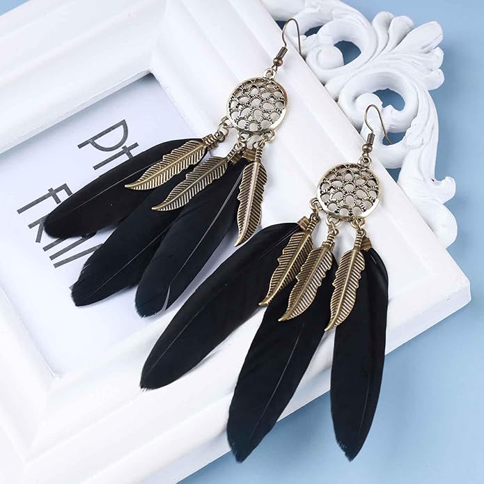 Boho Black Feather Dangle Earrings Long