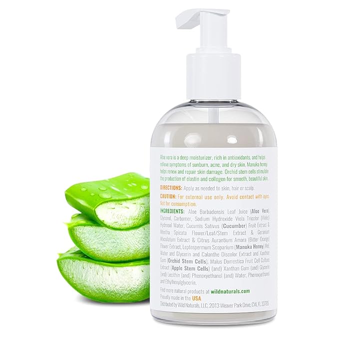 Aloe Vera Gel for Skin with Manuka Honey - Pure Aloe Vera Gel for Sunburn Relief - Organic Aloe Vera Gel for Face, Acne, and Scars - Aloe Gel for Hair and Dry Scalp - 100 Percent Pure Aloe Vera Gel