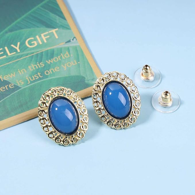 Vintage Oval Blue Gem Earrings Blue Lapis Earrings