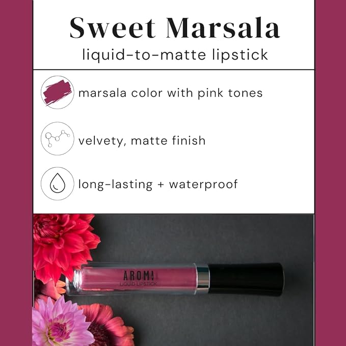 Aromi Matte Liquid Lipstick | Rose Burgundy, Pink Maroon Lip Color, Long Lasting, Waterproof, Long Wear, Smudge and Transfer Proof, Vegan Makeup (Sweet Marsala)