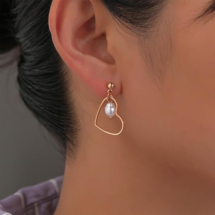 Boho Tiny Pearl Heart Drop Earrings