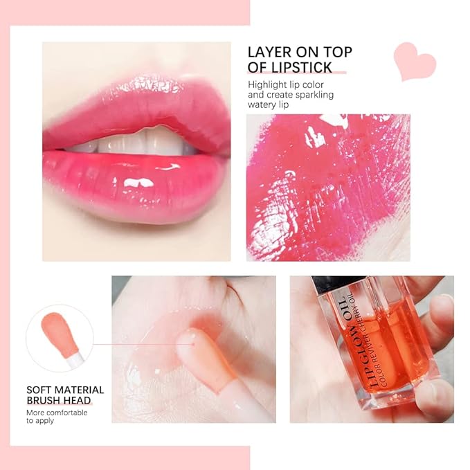 Hydrating Lip Glow Oil, Moisturizing Lip Gloss, Plumping Lip Oil, Non-Sticky Long Lasting Lip Oil Gloss, Transparent Lip Oil Tinted, Reduce lip lines (Cherry)