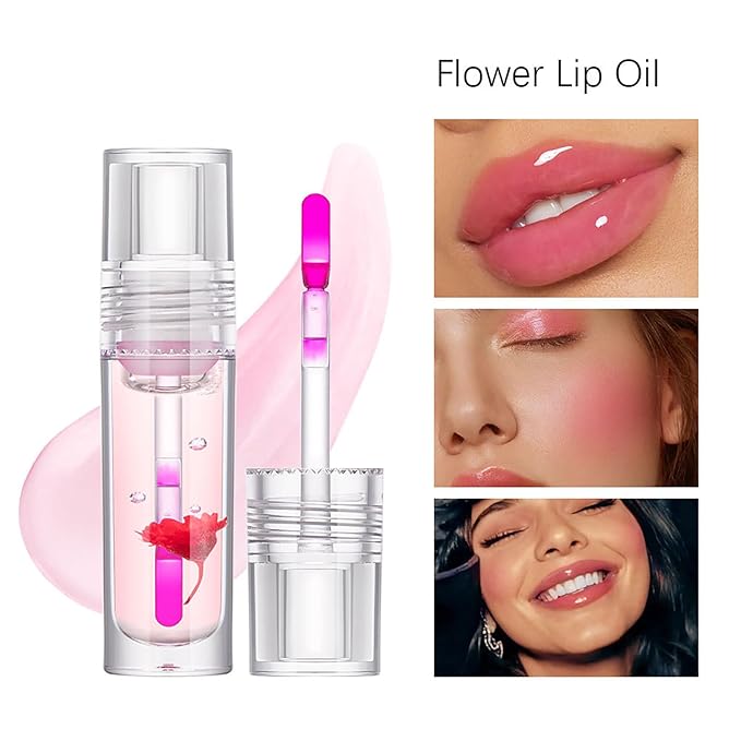 Color Change Plumping Lip Oil Set, Infuse Flowers Clear Lip Gloss for Lip Care, Natural Plant Hydrating Lip Glow Oil Toot Lip Oil, Nourishing, Non-sticky