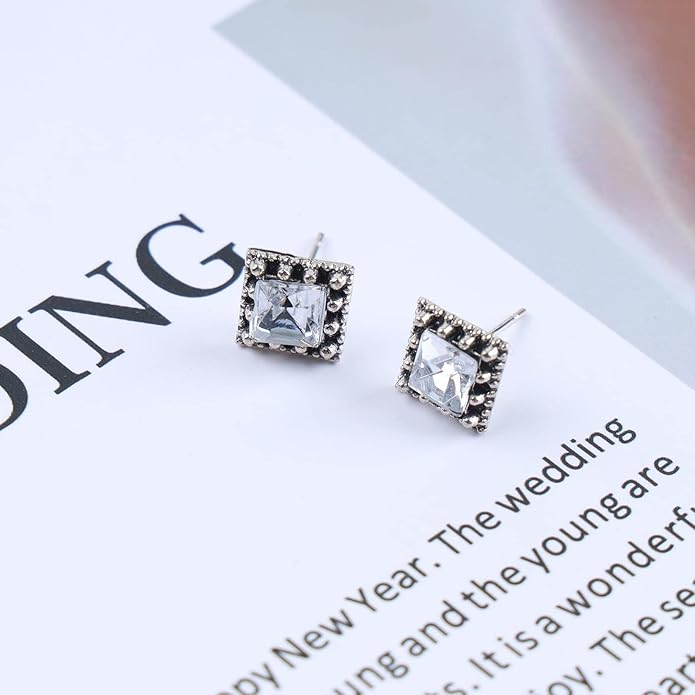 Boho Tiny Crystal Square Earrings Silver