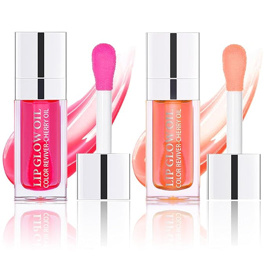 Plumping Lip Oil, Hydrating Lip Gloss Tinted Lip Balm Transparent Lip Care, Big Brush Head Glitter Shine, Long Lasting Nourishing Non-sticky Fresh Texture Cherry+Pink