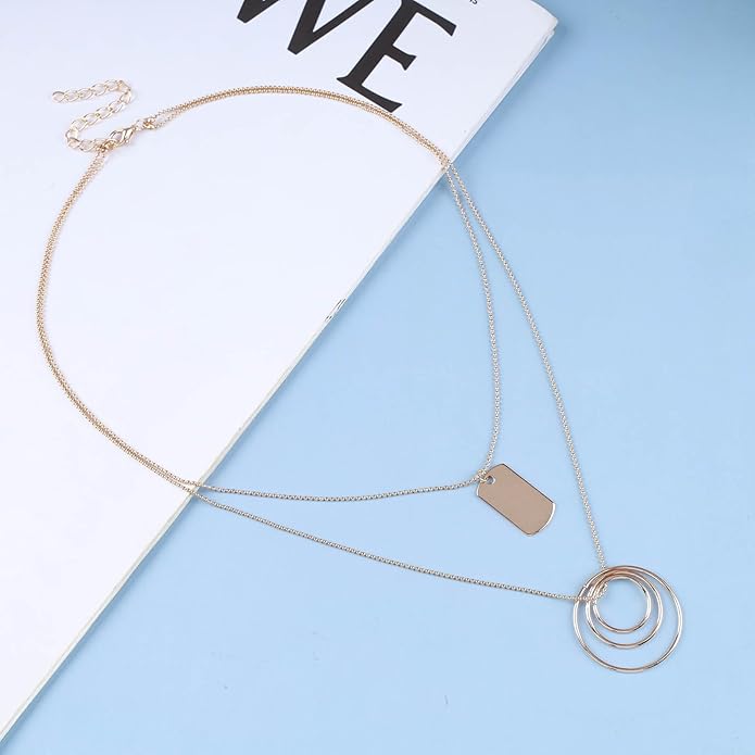 Vintage Layered Square Pendant Necklace Multi Circle Necklace