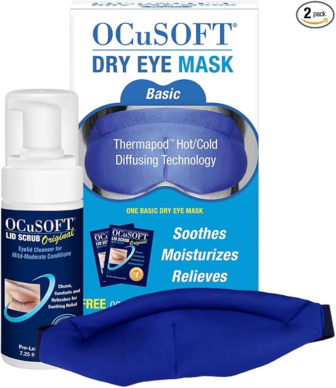 OCuSOFT Lid Scrub Foaming Cleanser & Dry Eye Mask Bundle - Eyelid & Eyelash Cleanser & Reusable Warm Compress Bundle - Soothes Irritated Eyelids - 7.25 fl oz & 1 Thermapod Mask