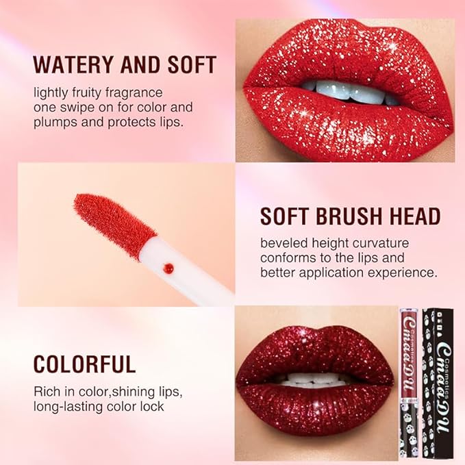 AKARY Shimmer Liquid Lipstick Long Lasting, Skull Diamond Metallic Shiny Glitter Glossy Shimmery Finish Waterproof Lip Gloss for Women, High Pigmented Nonstick Cup Lipstick Makeup for Lips, 03