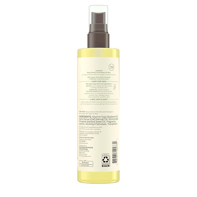 Aveeno Daily Moisturizing Body Oil, Body Mist for Dry Skin with Oat Oil and Jojoba Oil, Nourishing Body Spray with a Hypoallergenic Formula, 6.7 FL OZ