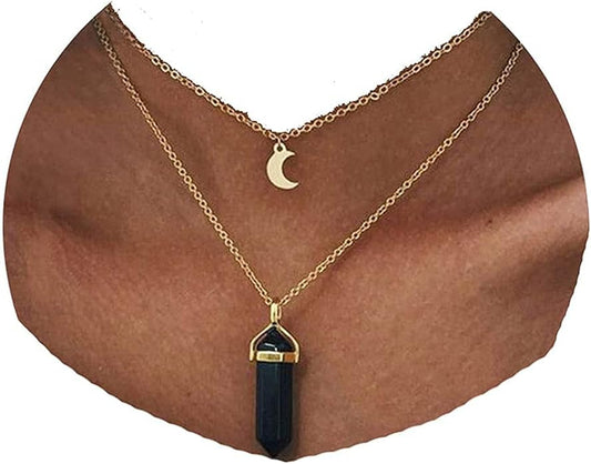 Boho Layered Moonstone Necklace Chain Gold Moon Pendant