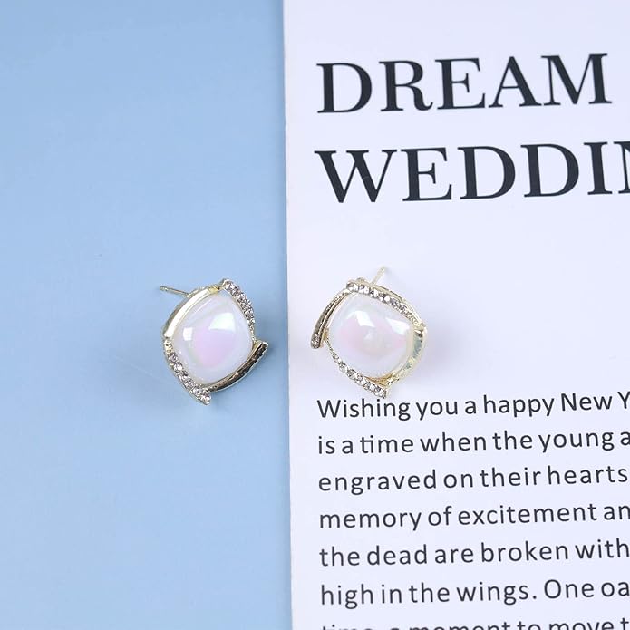 Vintage Crystal Square Earrings Moonstone Square