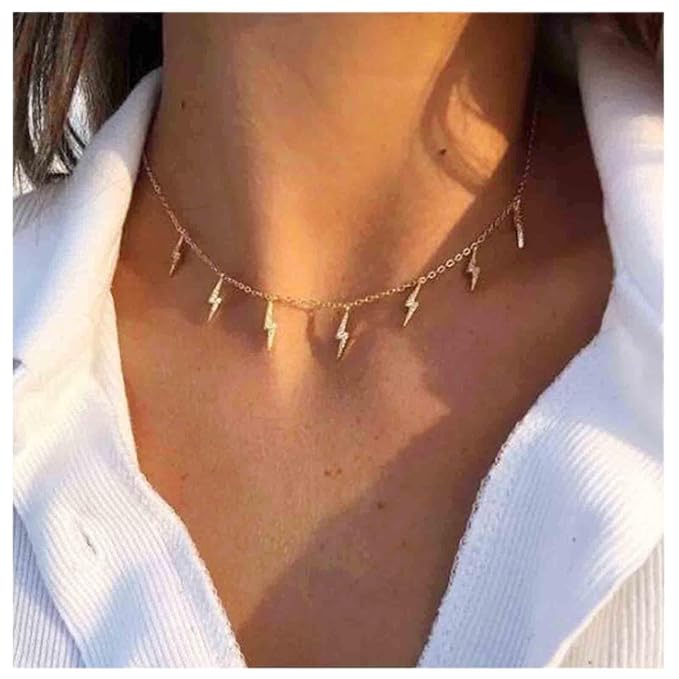Boho Lighting Bolt Choker Necklace Gold Dangle Thunder