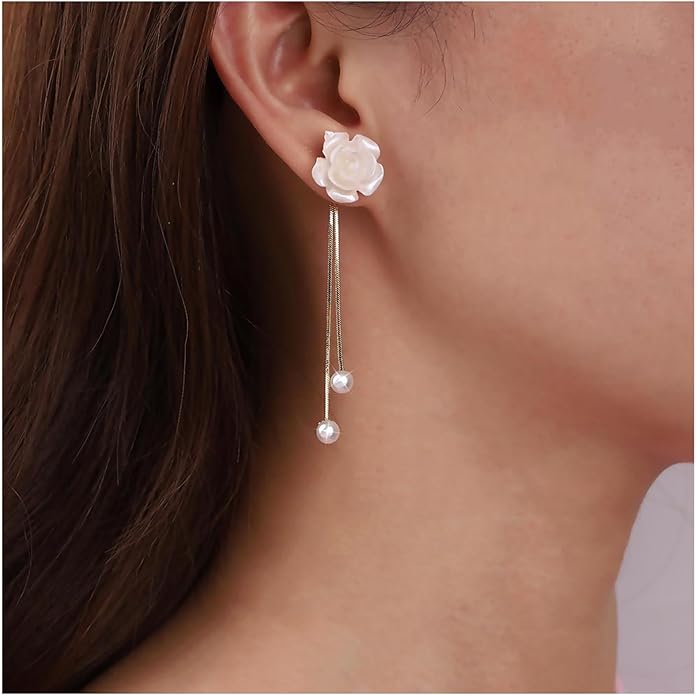 Vintage Flower Pearl Drop Earrings Long