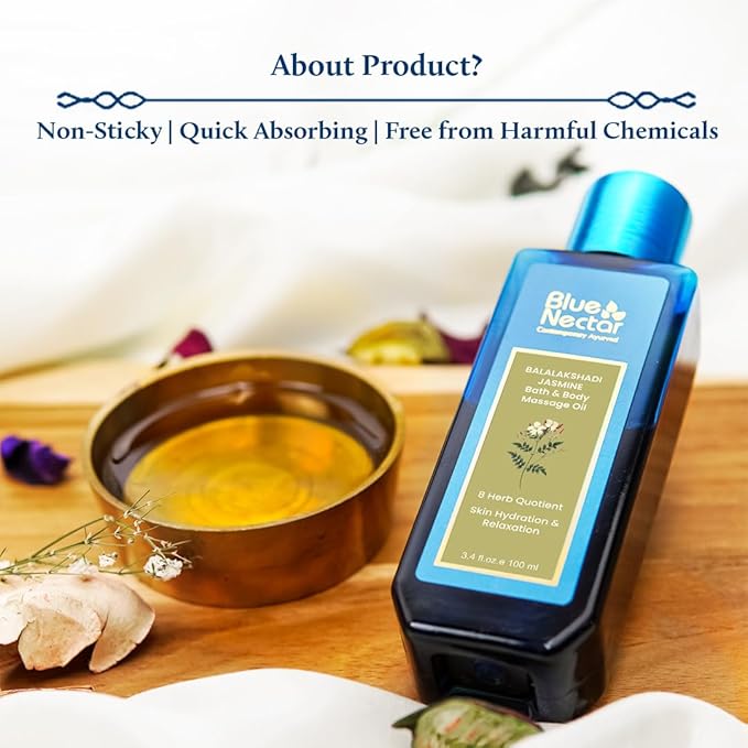 Blue Nectar Sensuous Jasmine Body Massage Oil for Relaxing Massage Therapy with Essential Oils | 100% Natural Ingredients (8 Herbs, 6.76 fl oz)
