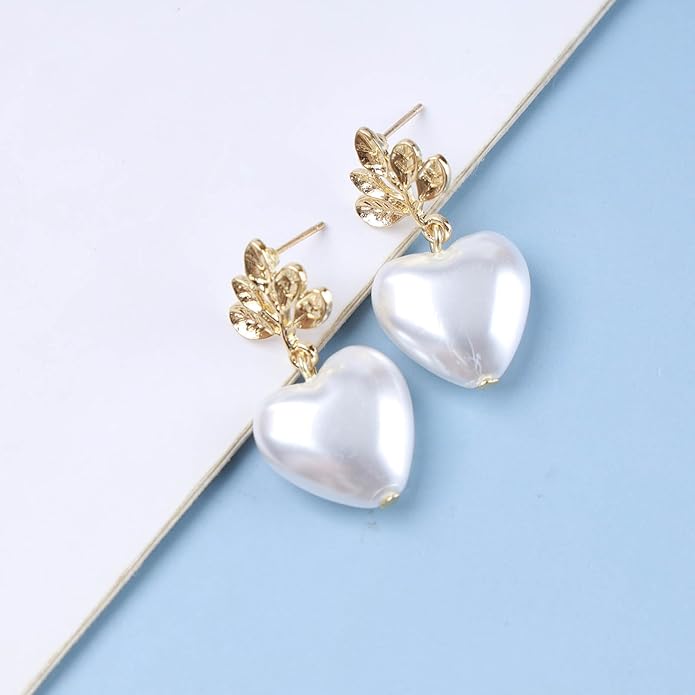 Vintage Pearl Heart Dangle Earrings Heart