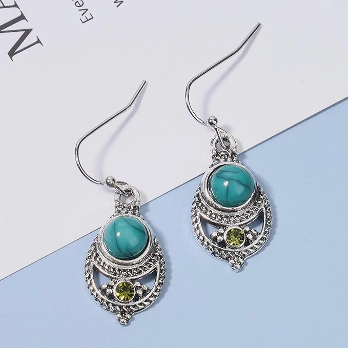 Boho Ethnic Turquoise Drop Earrings Silver