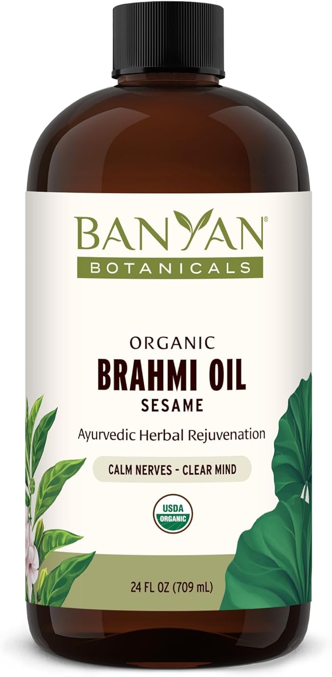 Banyan Botanicals Brahmi Oil with Sesame – Organic Ayurvedic Massage Oil with Gotu Kola and Bacopa – Calming Massage Oil for Focus & Relaxation – 24 oz – Non GMO Sustainably Sourced Abhyanga Oil