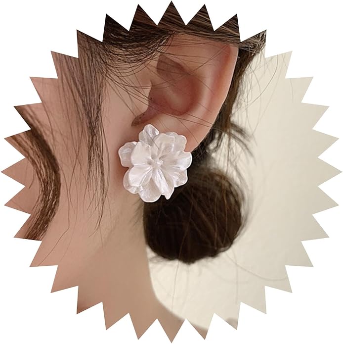 Unique Large White Flower Earrings Studs Vintage Acrylic