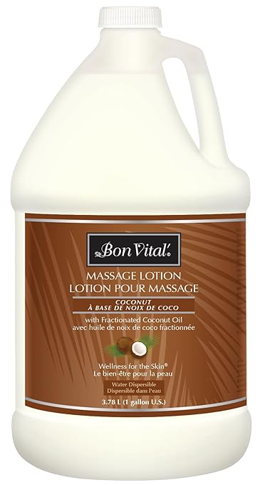 Bon Vital' Coconut Massage Lotion with 100% Pure Fractionated Coconut Oil, Lightweight Massage Lotion, Provides a Massage, Intense Skin Hydrating and Moisturizing, 1 Gal, Label may Vary
