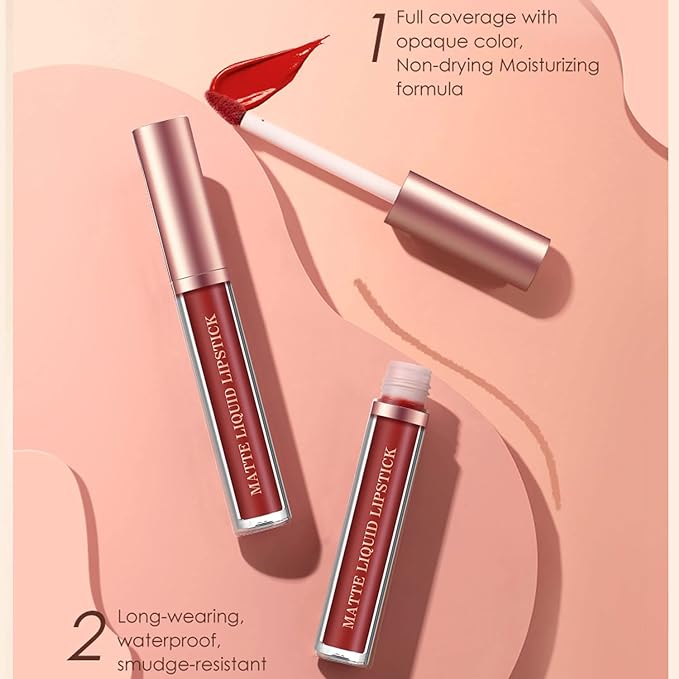 URQT Lip Liner and Lipstick Set, 6pcs Long Lasting Matte Liquid Lipsticks + 6 Matching Smooth Lip Liners, Waterproof, Full Coverage, Gift Set